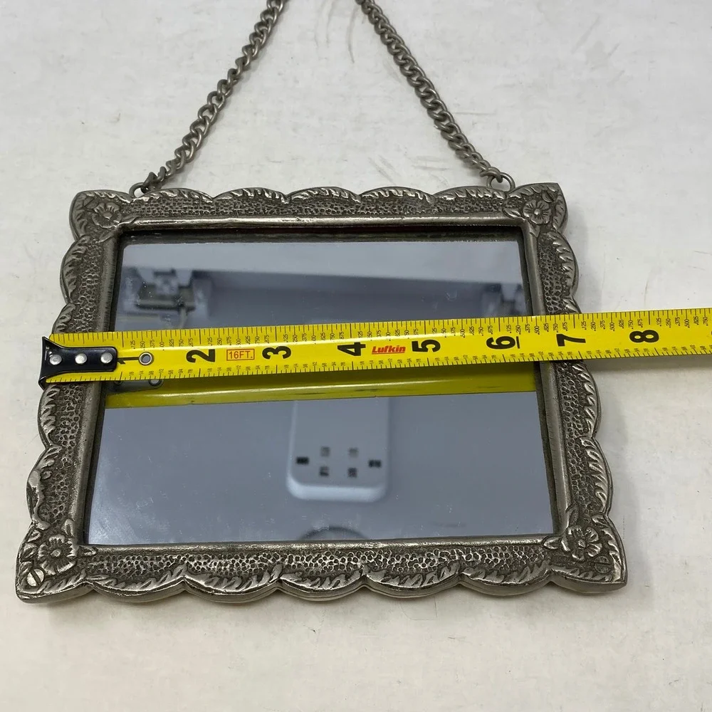 Vintage Silver Tone Ornate Floral Repousse Wall Hanging Mirror with Chain Mount